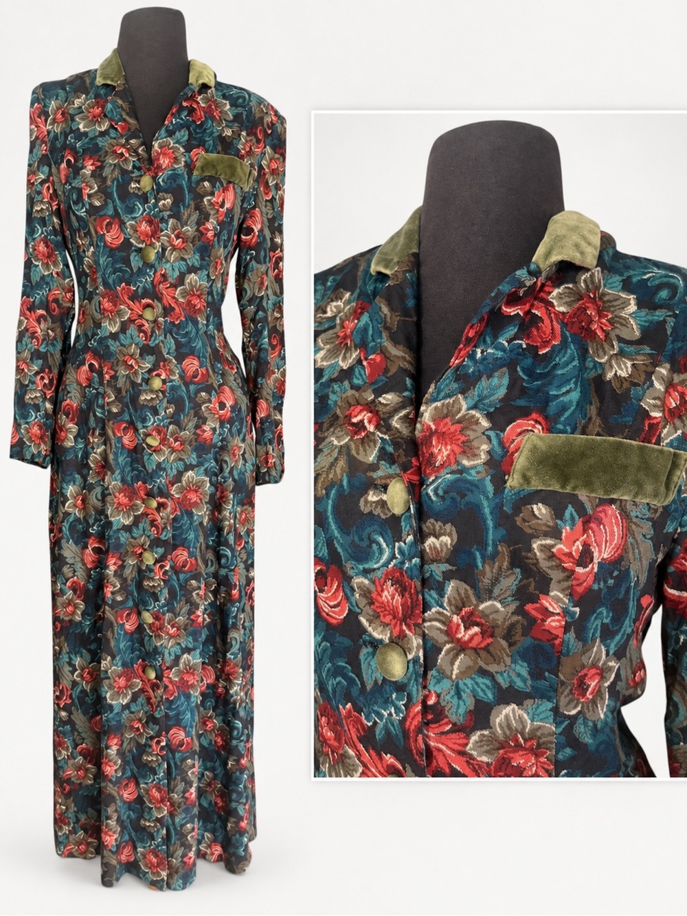 Vintage 80s Floral Maxi Coat Dress Size Small Rayon Velvet Trim Cottagecore